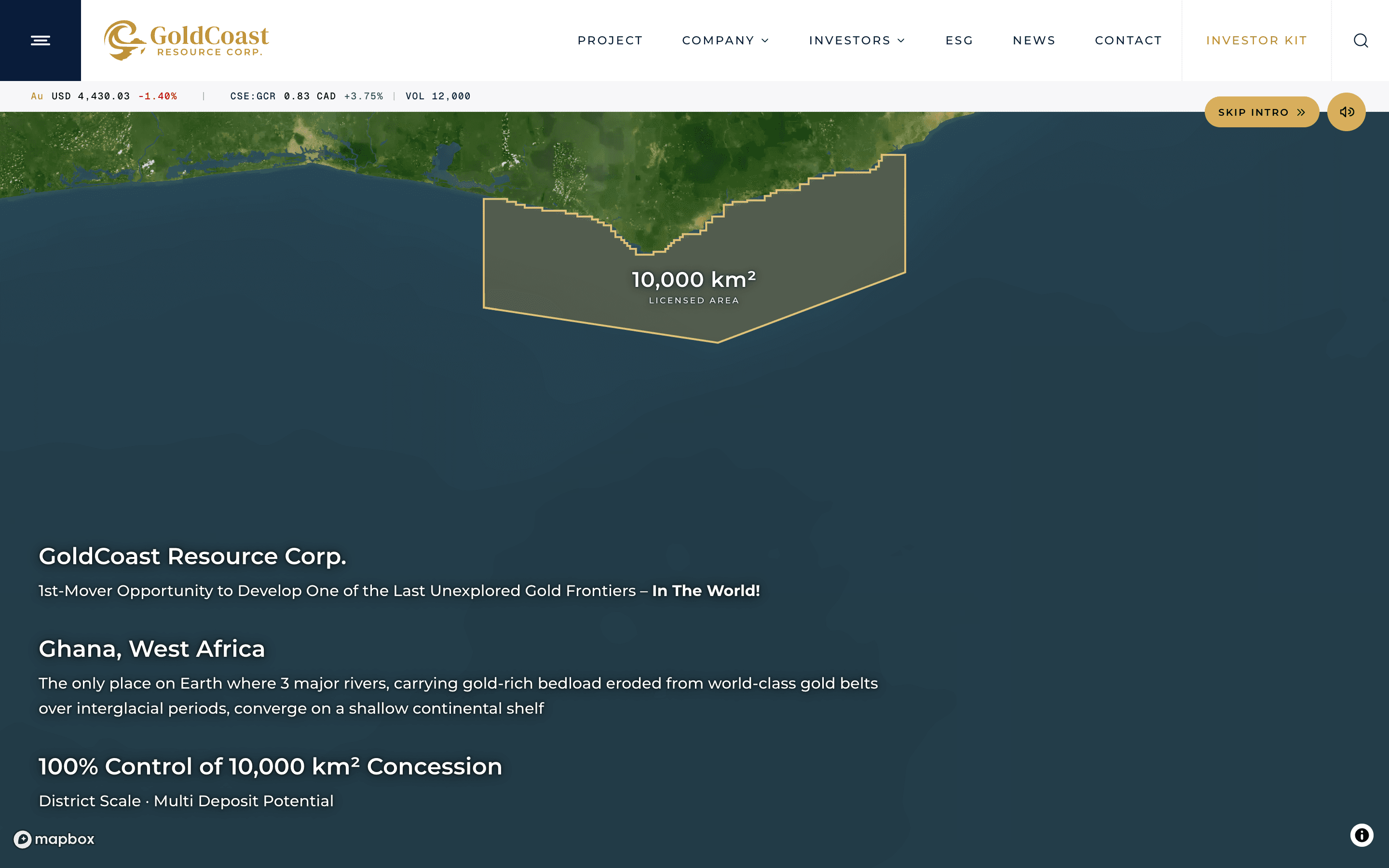 GoldCoast’s Mapbox entrance animation showing Ghana’s coastline and the offshore licence area