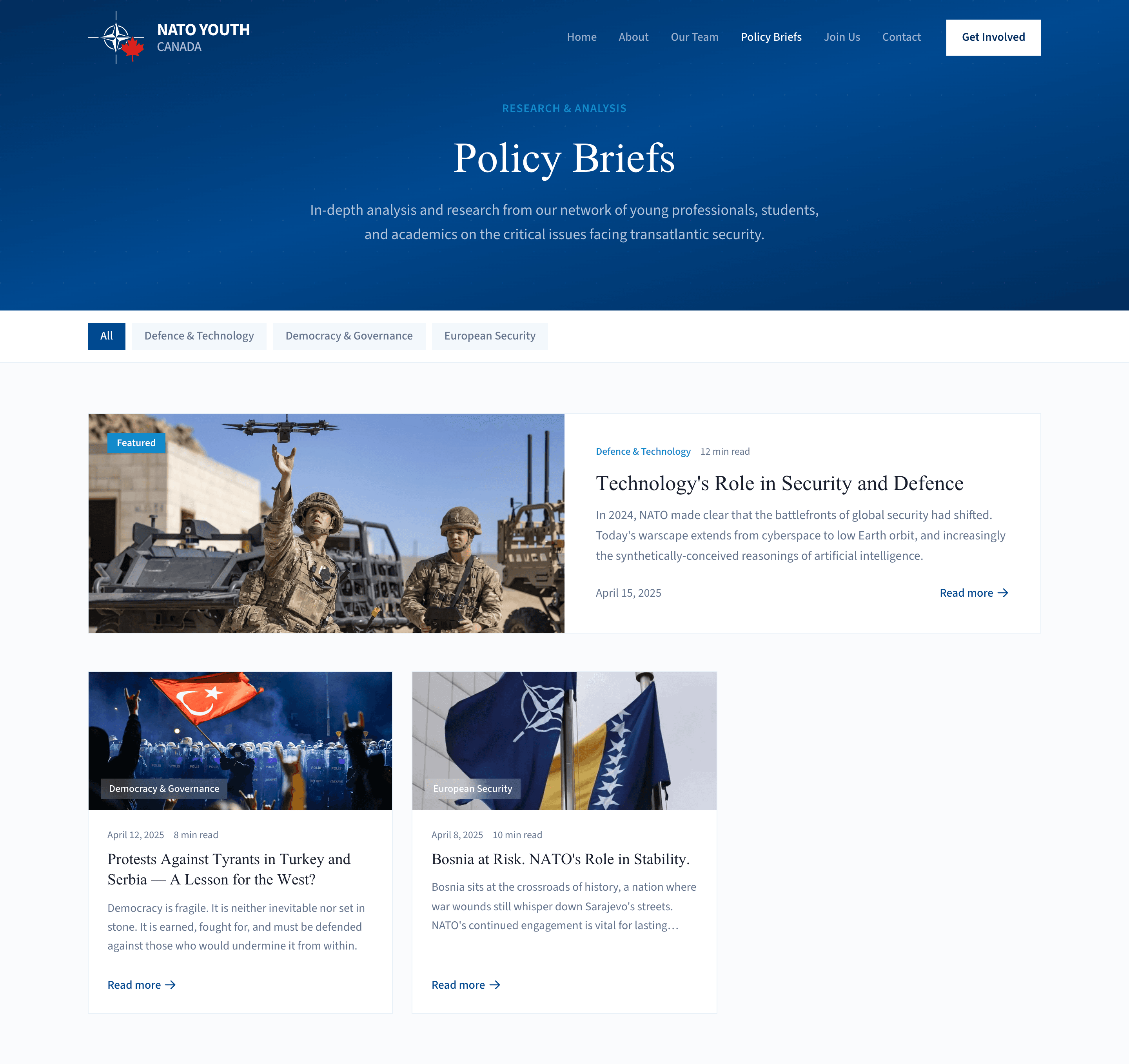 NATO Youth Canada policy library with topic filters and dated article summaries
