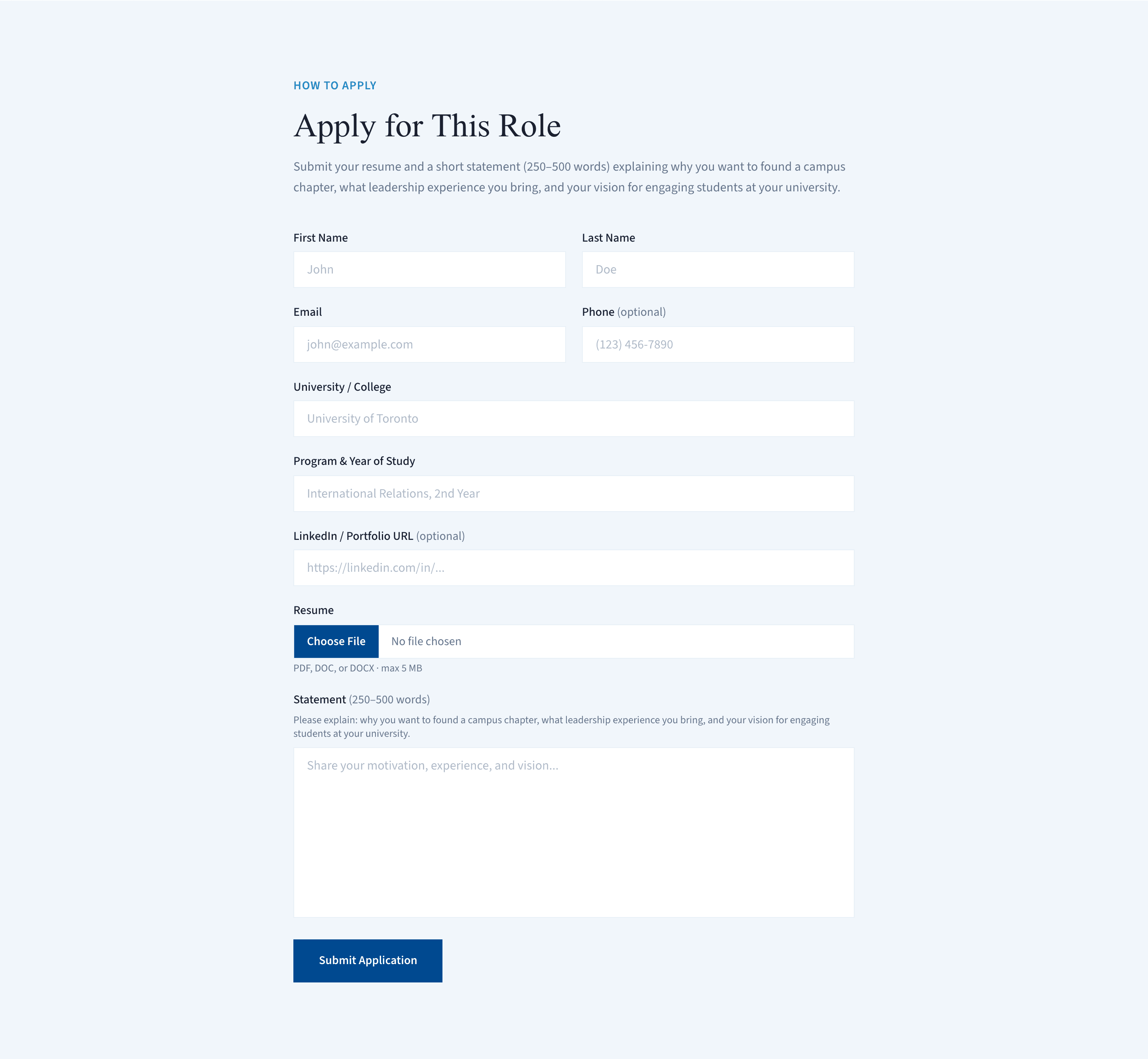 Campus chapter-founder application with statement and résumé fields