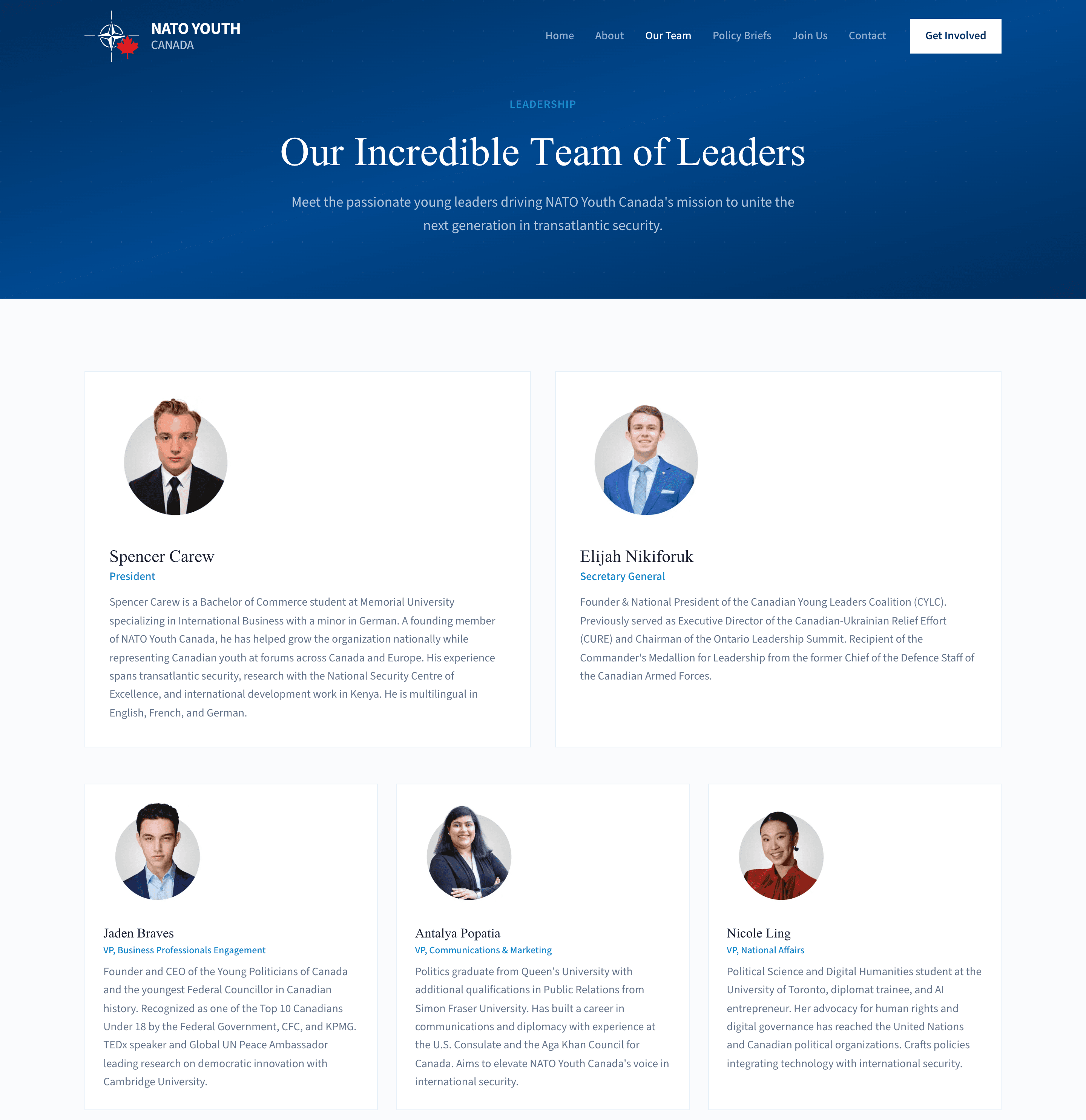 NATO Youth Canada's executive profiles with names and roles
